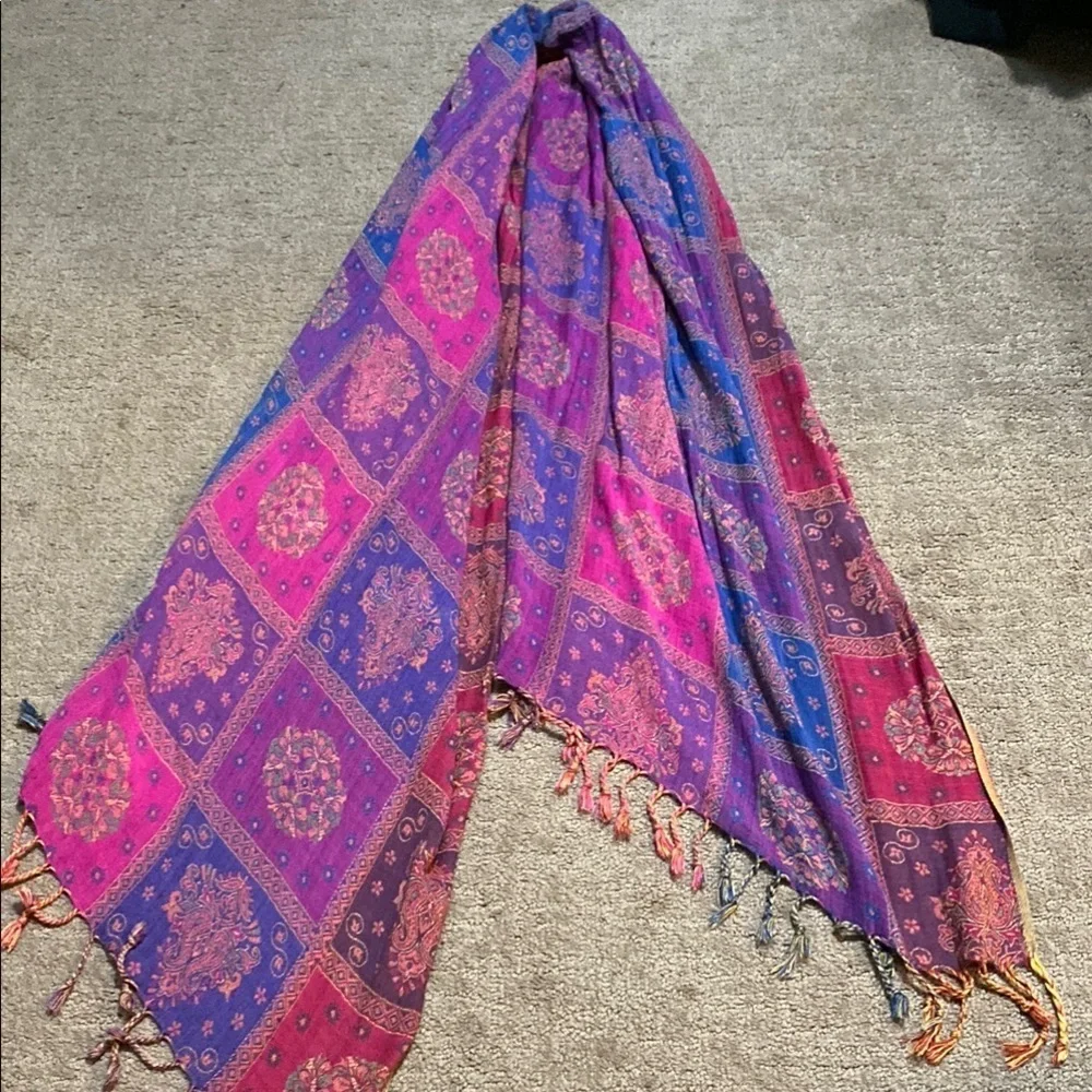 Vibrant Pink and Purple Geometric Scarf with Tassels Spring Wedding Guest